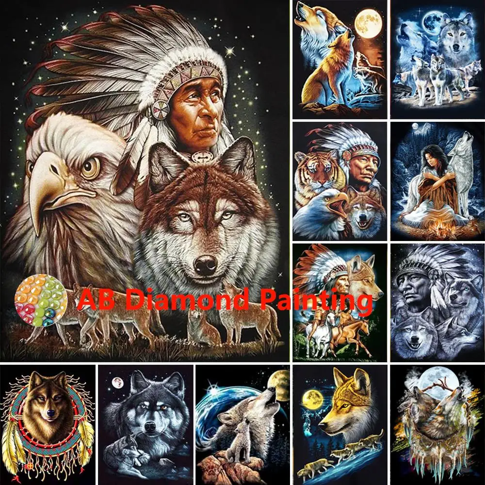 AB 5D DIY Diamond Painting Indians Cross Stitch Kits Home Art Embroidery Animal Wolf Mosaic Picture Rhinestones Wall Decor