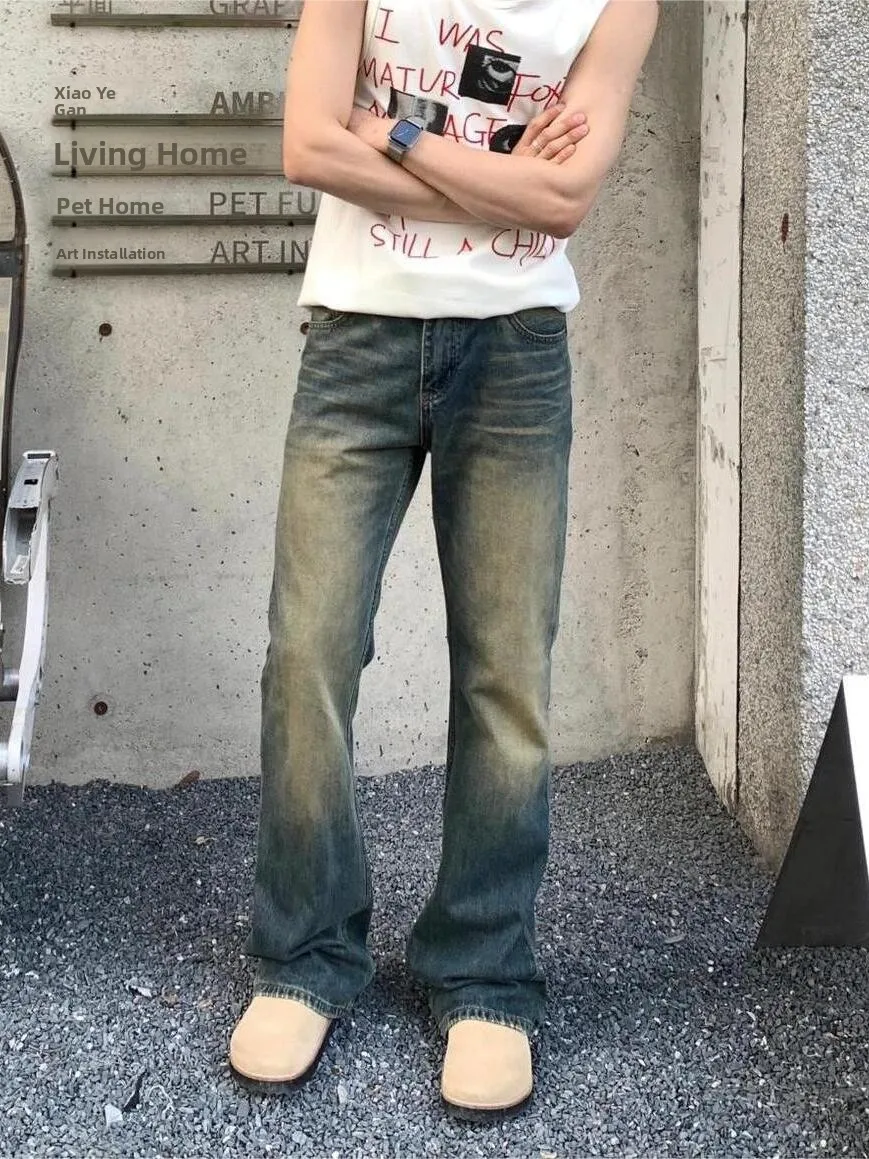 

Retro Vintage American High Street Vibe Yellow Clay Men's Slim Fit Straight Leg Jeans Casual Long Trousers Faion Trend
