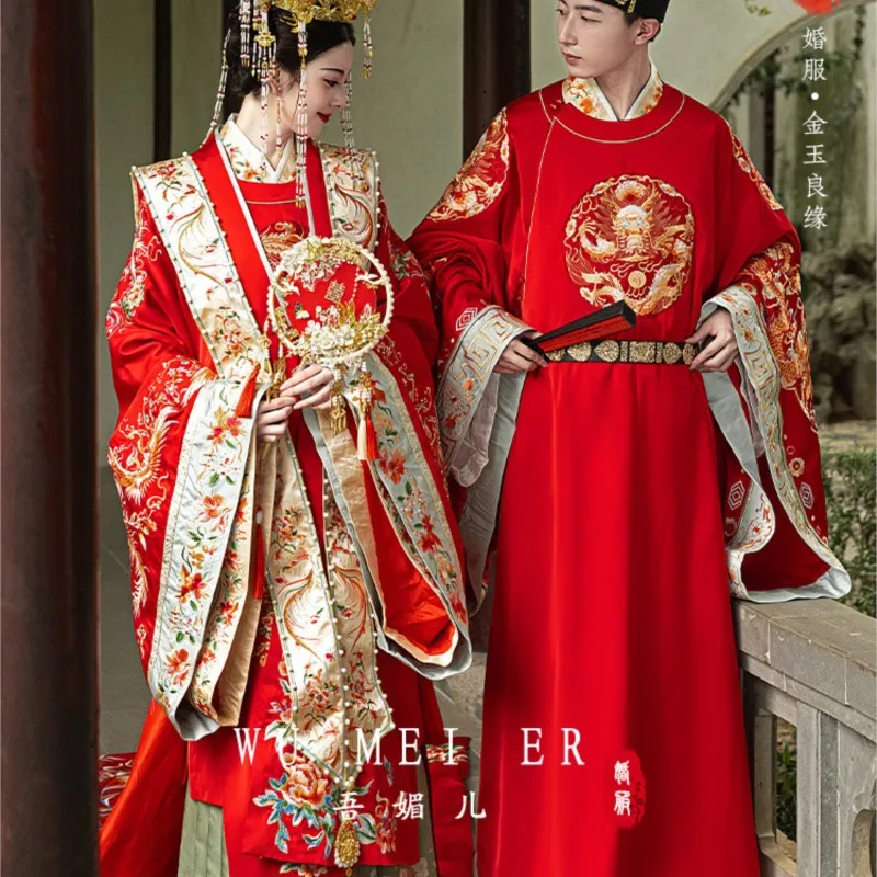 A complete set of ancient wedding dress with long tail and heavy embroidery for the  wedding featuring phoenix crown red robe