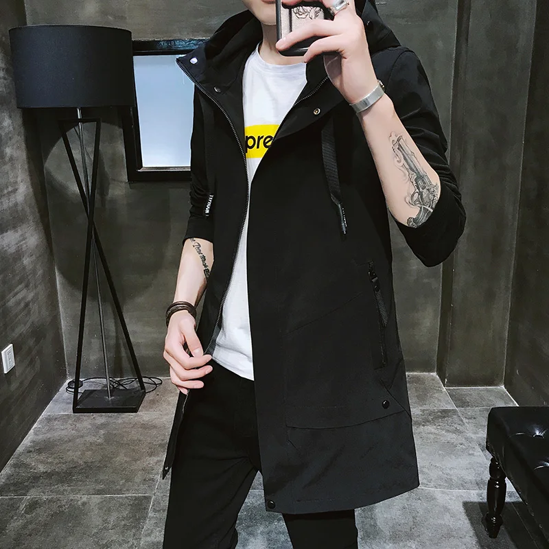 Men's Mid-Length Hooded Pure Color Faion Casual Jaet Korean Sle Slim Fit Spring Autumn Men's Clothing Fce-Lined Wind...