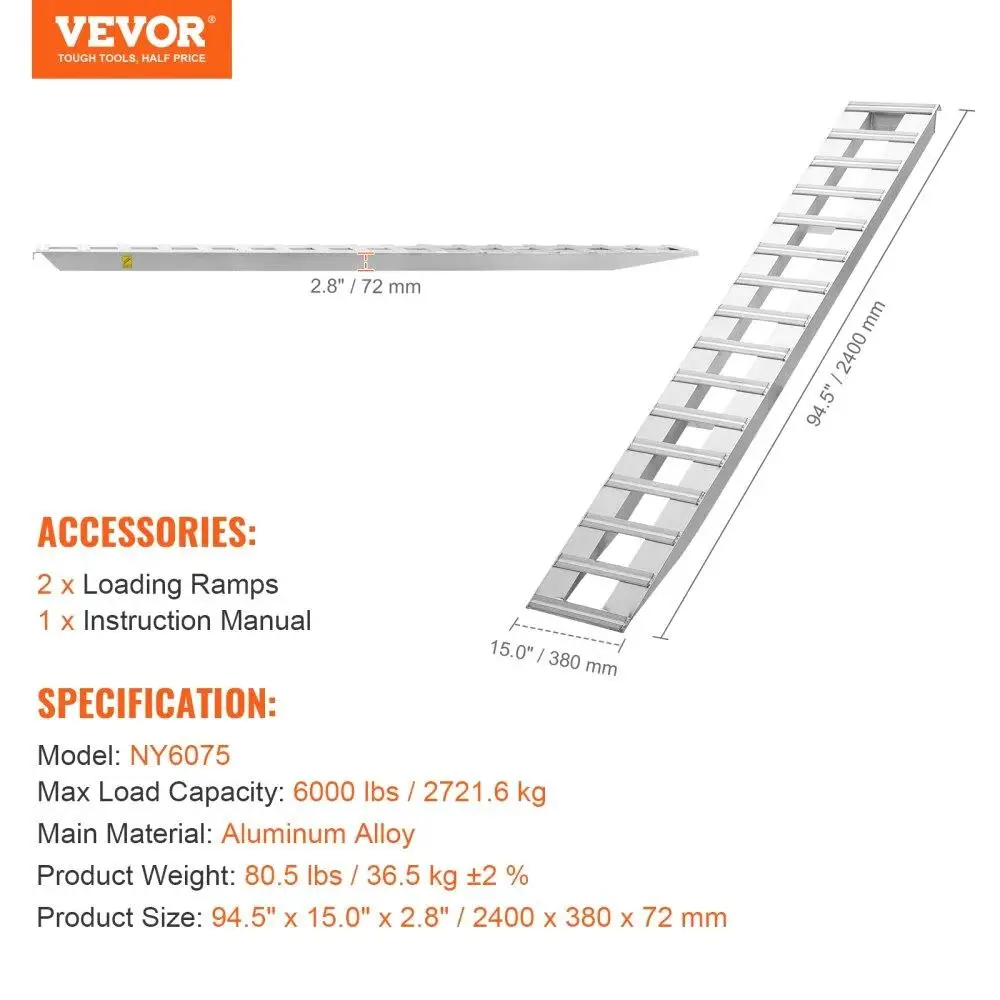 94” x 15” heavy-duty aluminium načítání rampy - 6000 lbs schopnost - sada z 2 pro kamiony & přívěsy