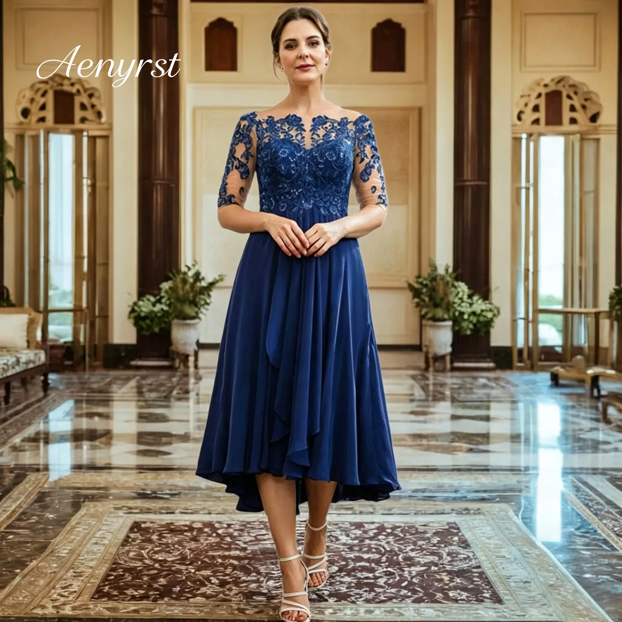 Navy Blue Mother Of The Bride Dress Bateau Neck Half Sleeve Lace Sequin Chiffon Hi Lo Formal Gown