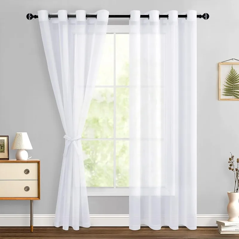 

White Sheer Curtains 84 Inches Long with Tiebacks, Light Filtering Semi Transparent Lightweight Voile Grommet Window Curtains