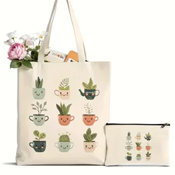 2Pcs Cute Potted Plants Tote Bag, Double-sided Printed Shoulder Bag, Multifunctional Handbag, Cartoon Canvas Shopping Bag