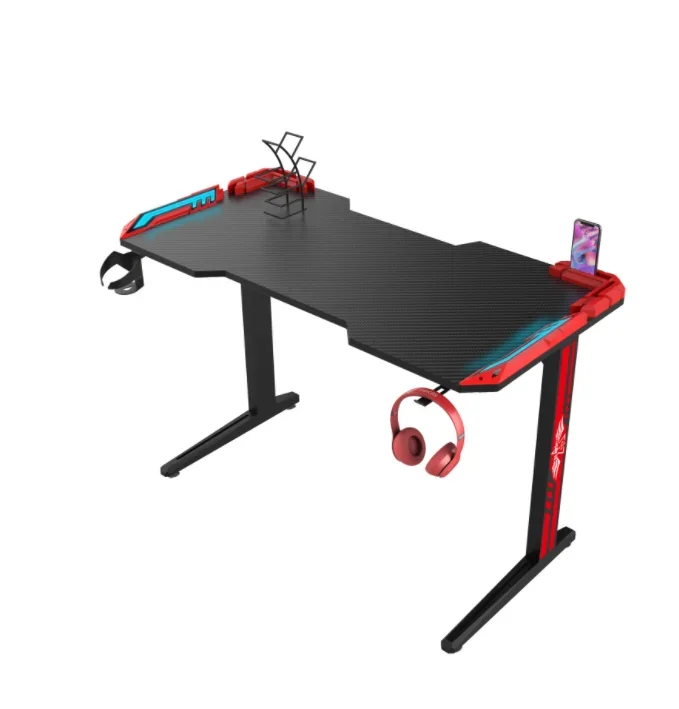 High quality T-shaped RGB lights gamer computer table gaming desk with earphone hook