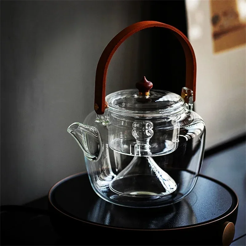 

Japanese Bamboo Handle Glass Teapot With Tea Strainer Infuser Steaming and Boiling Flower Tea Kettle Kungfu Lifting Beam Tea Pot