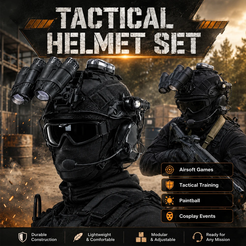 

Tactical Helmet Set with Quad NVG Model, L4G24 Mount, Rail Headset, Strobe Light & Flashlight for Airsoft Paintball