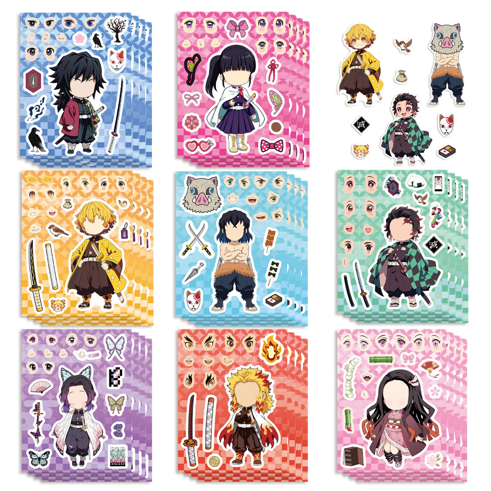 8/16Sheets Q-Style Demon Slayer Anime Make a Face Puzzle Sticker Decoration Luggage Phone Guitar Skateboard Waterproof Sticker