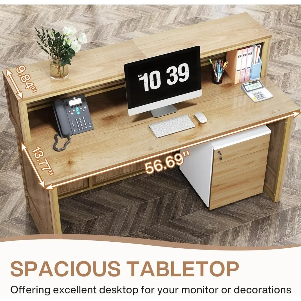 Reception Desk with Counter, 57-Inch Rustic Front Desk Receptionist Table, Boho Welcome Desk Checkout Counter for Office