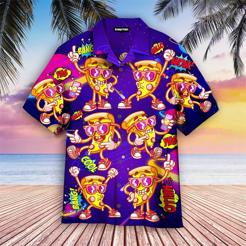 Funny Pizza 3D Print Hawaiian Shirt Cartoon Cat Food Graphic Lapel Shirt Street Loose Short Sleeves Unisex Shirts Diy Custom Top