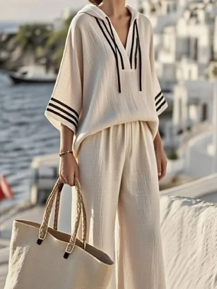 

Sexy Ladies Patchwork Two Piece Sets Women Elegant Hooded Blouse Tops And Elastic Waist Long Pants Suits 2026 Summer Casual Sets