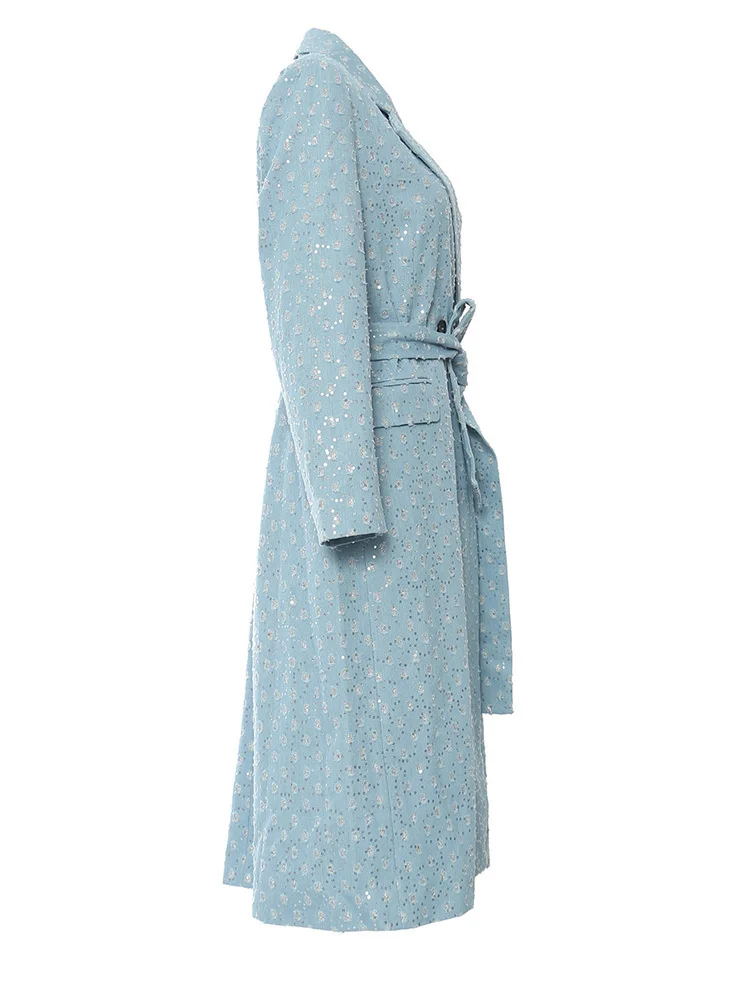 Women Jacket Blue Denim Sequins Big Size Thick Long Blazer New Lapel Long Sleeve Jacket Fashion Tide Spring Autumn New2025пиджак