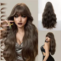 28Inch Halloween Cosplay Sexy Witch Brown Color Synthetic Wigs with Bangs Long Wavy Hair Wig for Women Daily Drag Heat Resistant