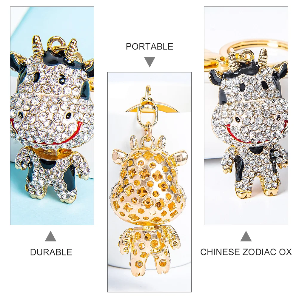 Calf Keychain Set Rhinestone Crafts Hanging Keychains Chinese Zodiac Ox Lovely Rings Adorable Mascot Pendants Metal