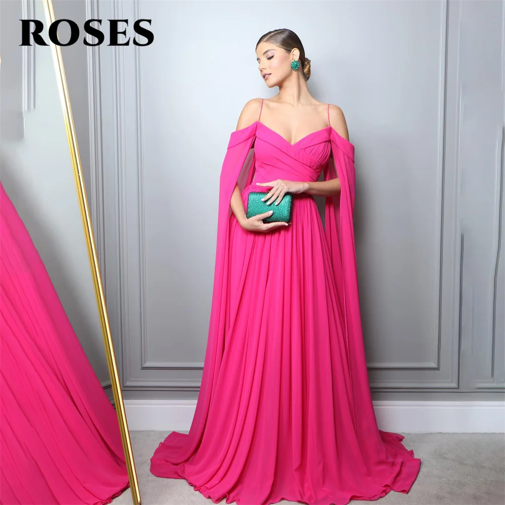 

ROSES Spaghetti Strap Charming Prom Dress Gown Chiffon with Shawl Formal Gown V Neck Zipper Back Evening Gown vestidos de noche