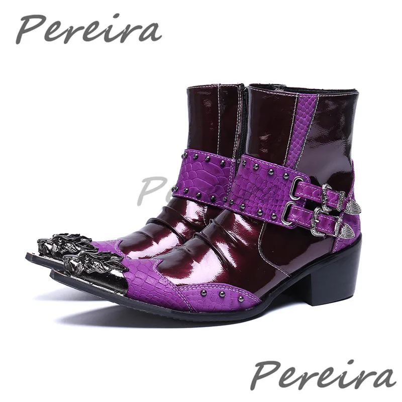 

Мужские ботинки челси из лакированной кожи фиолетового цвета, короткие ботинки на высоком каблуке с заклепками и застежкой-молнией, белые модные вечерние банкетные модельные туфли
