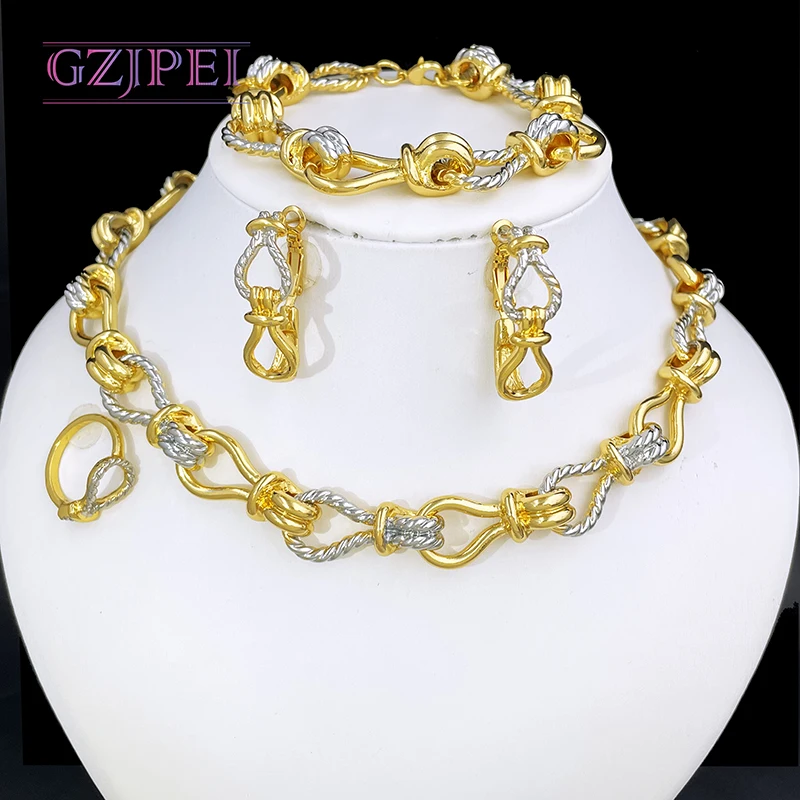 

Two Tone Women Jewelry Set 18K Gold Plated Luxury Design Cuban Chain Necklaces 4Pcs Jewelry Set Quality Party Accessories