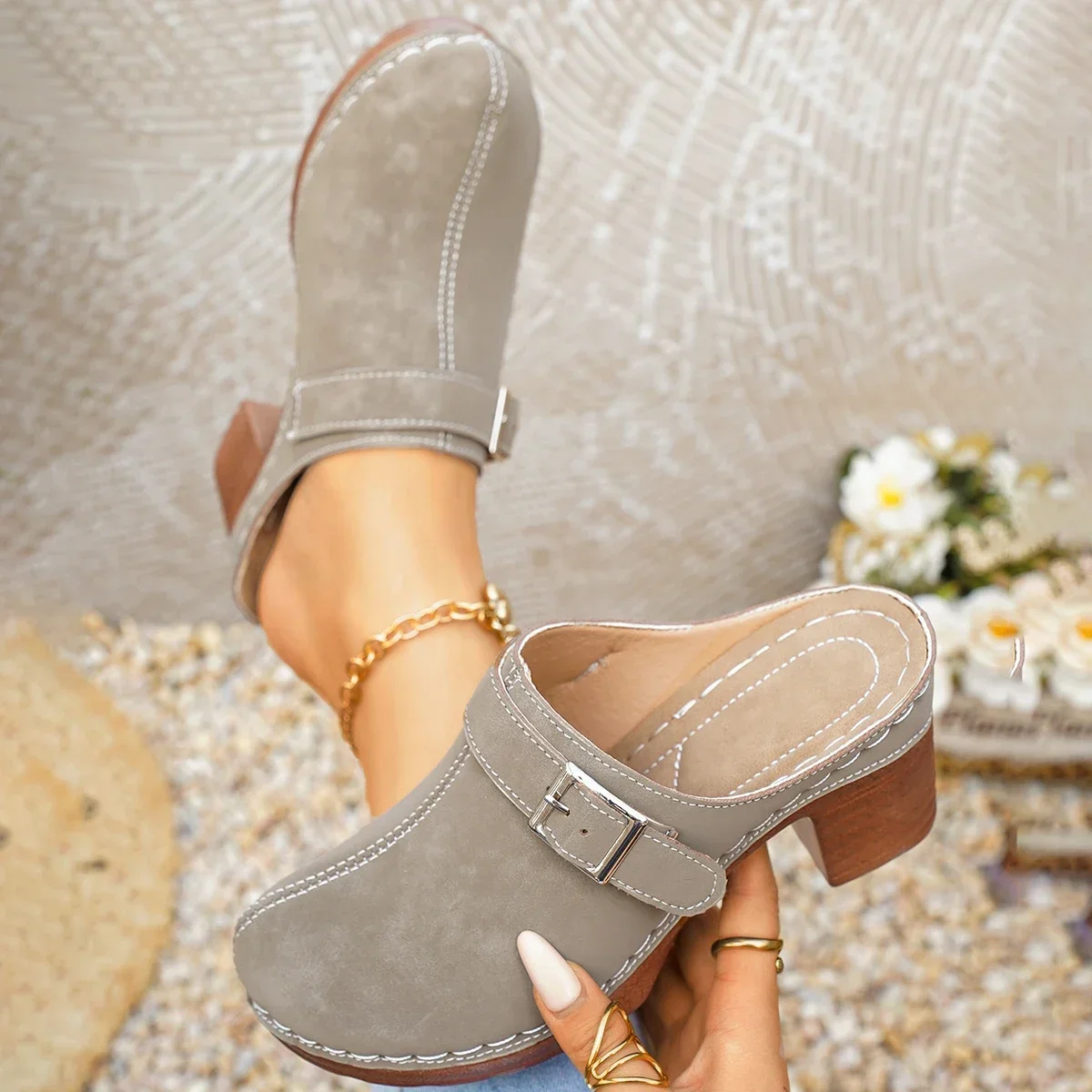 Damen Mules Pantoletten mit hohem Blockabsatz, geschlossene Zehenpartie, zum Hineinschlüpfen, Vintage, Sommer, lässig, bequeme Gehschuhe, Größe 36-43 – Detail 34