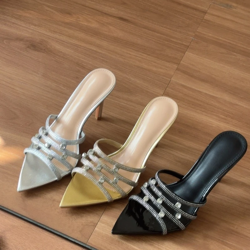 

New Summer Women's High-Heeled Sandals with Rhinestones, Stiletto Heels, Pointed Toe, Open Toe Sandals