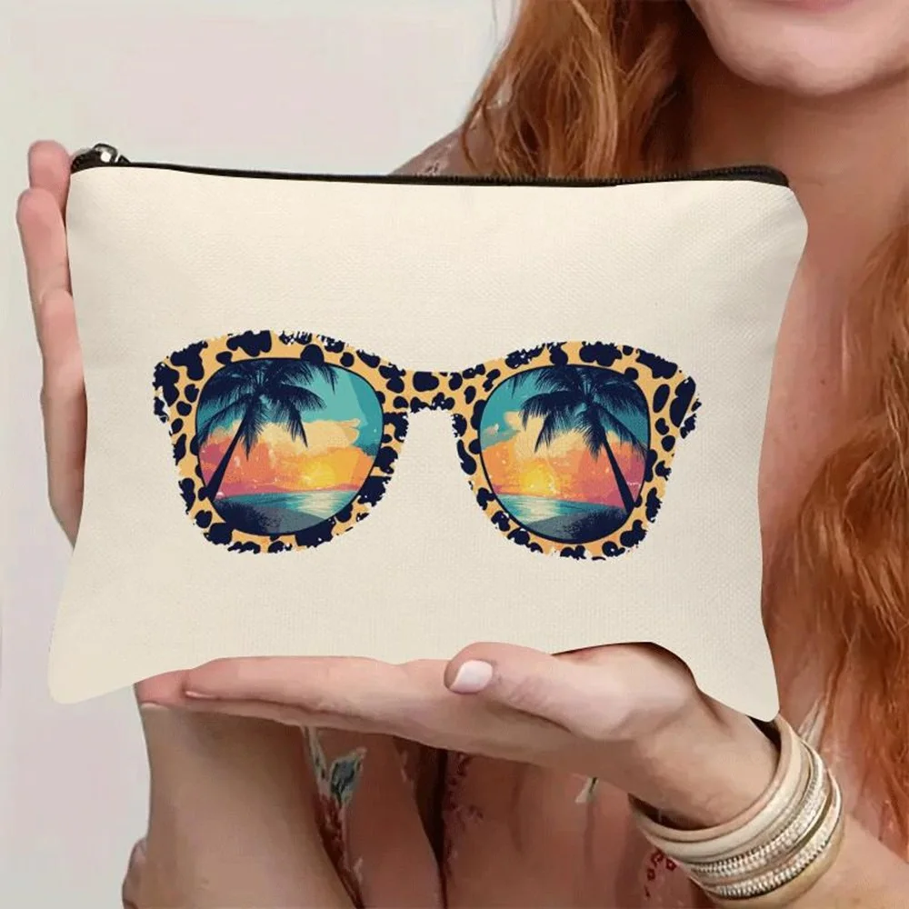 1 Piece Leopard Print Sunset Beach Design Cosmetic Bag - Multifunctional Zipper Pouch for Women, Perfect Travel Zipper Storage Bag, Fun Birthday Gift