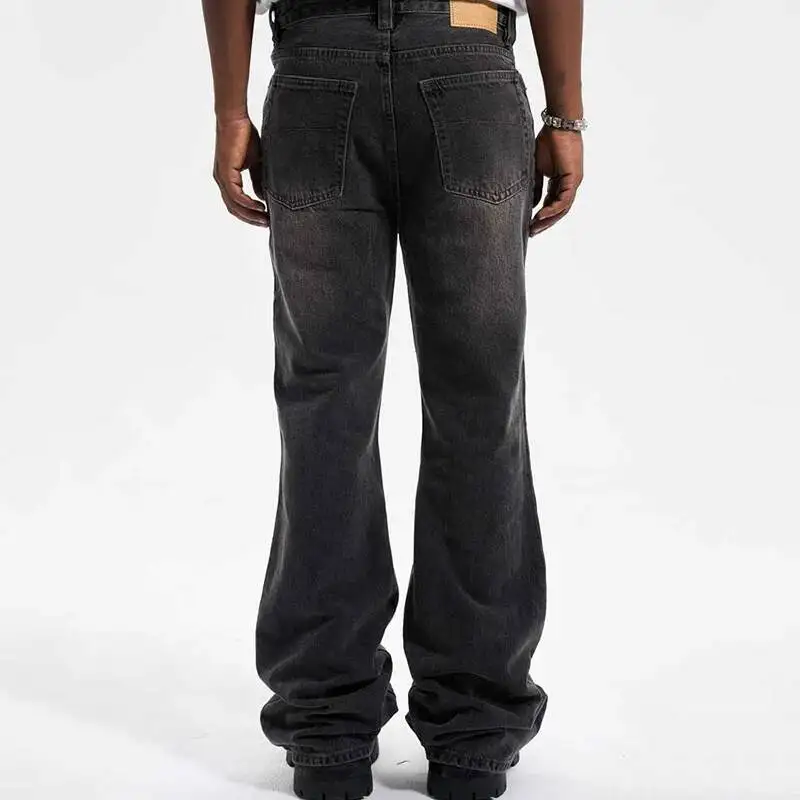 American High Street Vintage Washed Worn Glitter Coating Brush Glue Micro Flare Jeans Men's Wax Black Long Pants 2E0GA