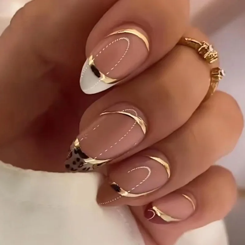 

24Pcs Medium Almond Press-on Nails: Shiny Gold Foil & Ribbon with Leopard Print - White, Red-Brown Color Block