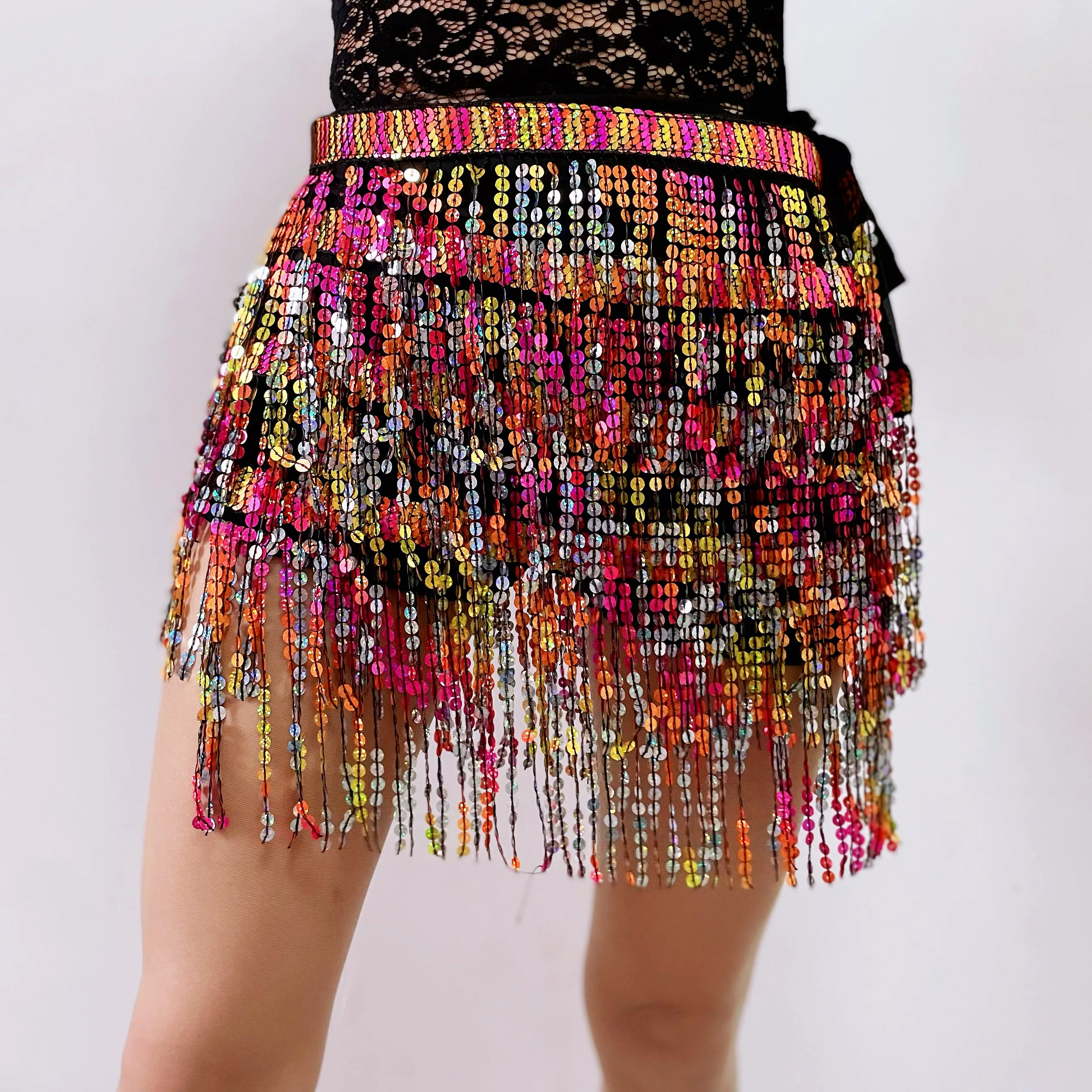 Cintura con frange di danza del ventre sciarpa con paillettes vestito da Festival gonna da ballerina multicolore abbigliamento da spiaggia vestito Rave discoteca Sexy