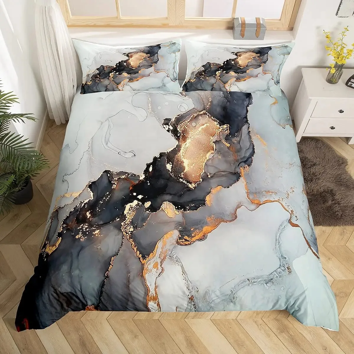 Black Golden Marble Duvet Cover Set,Gold Giltter Bedding Sets,Grey Marble Comforter Cover,Tie Dye Fluid Abstract Art Quilt Cover