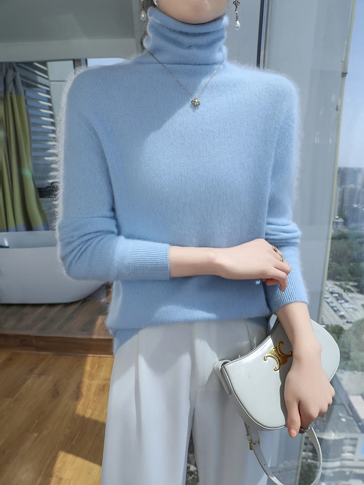 

Mink Cashmere Sweater for Women, High Lapels, Knitted Pullovers, Long Sleeve, Solid Top, High-End Jumpers, Autumn, Winter, New