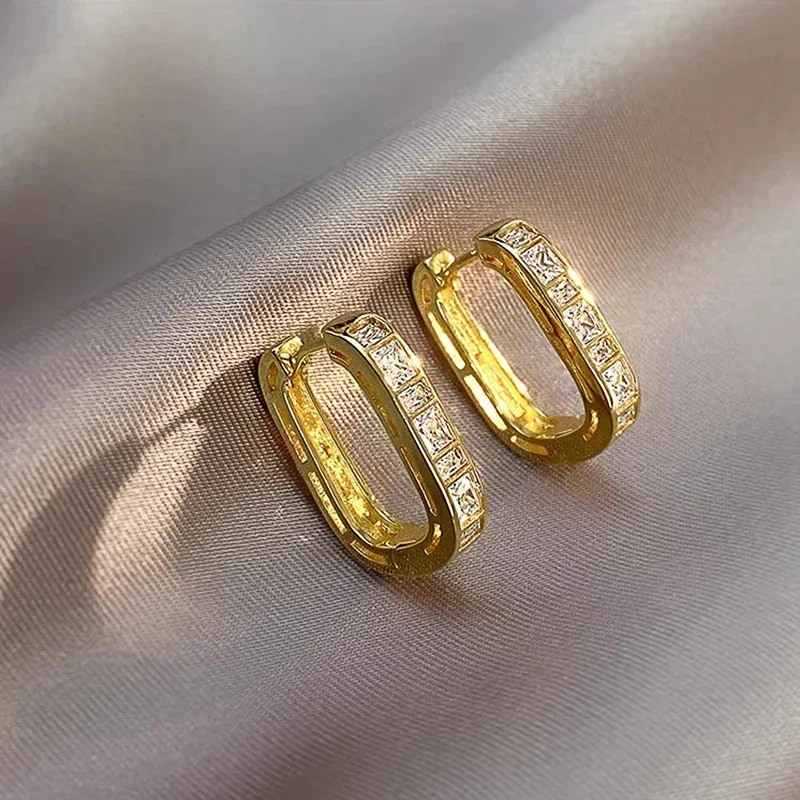 Huitan Geometric Hoop Earrings with Rectangular Cubic Zirconia Temperament Women's Gold Color Earrings Modern Fashion Jewelry