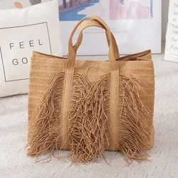 Summer Beach Bag for Women Tassel Shoulder Bag Raffia Woven Tote Handbag Large Shopping Bag for Travel Vacation Weave Straw Bags