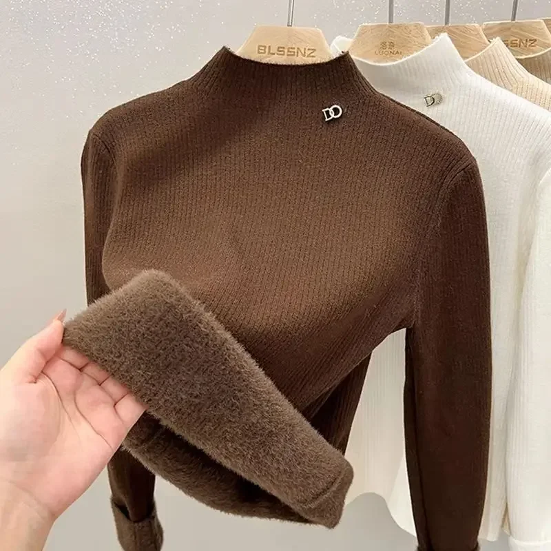 女性のフリース裏地付き厚手ニットハーフハイカラーセーターインナーウェア秋冬新スタイルベースシャツトップ