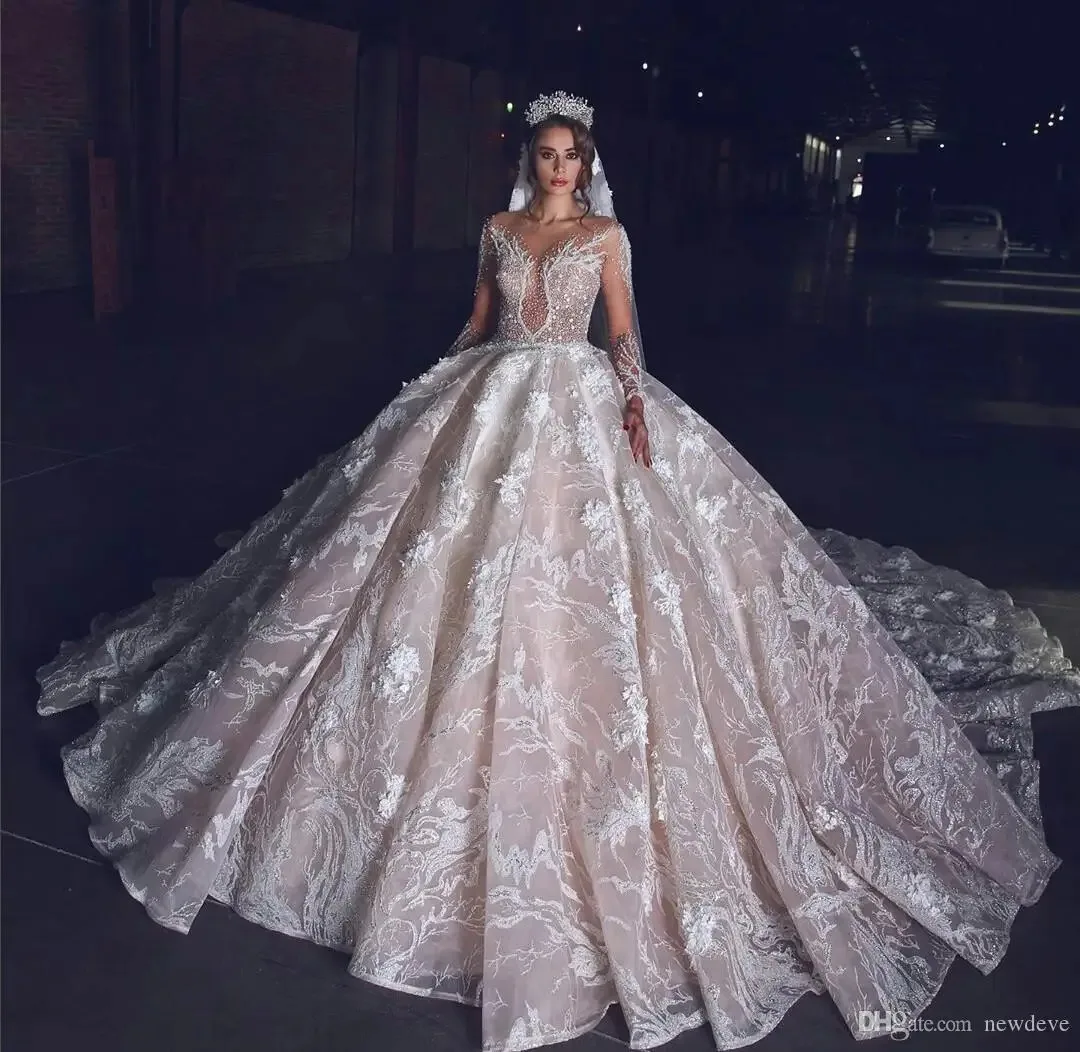 Custom New Princess Wedding Dresses Off Shoulder Long Sleeves Lace Appliqued Beads Bridal Gowns Sweep Train Vestido de novia