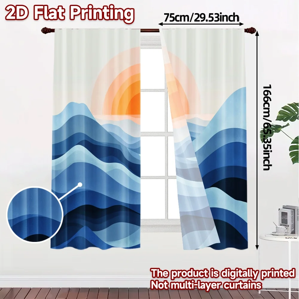 2pcs, 2D FLAT PRINTING Curtains (Without Rod) Sunrise Waves Popular Curtain Versatile Polyester Curtains Gifts Suitable for