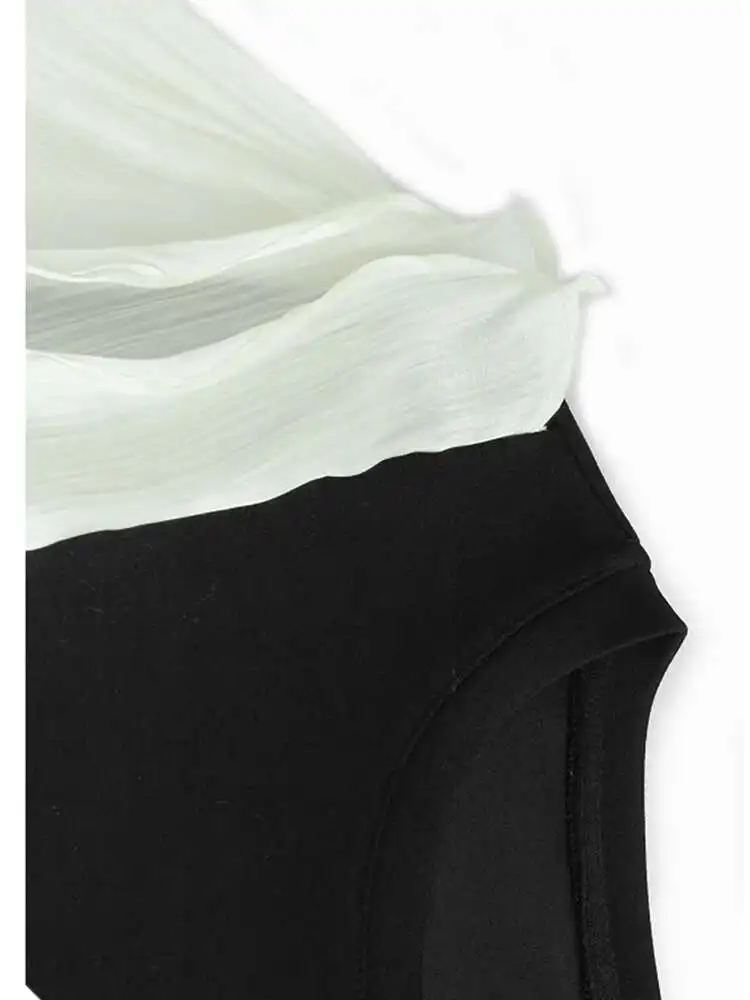 ZMEENNA Vestido feminino preto e branco com babados em camadas, manga comprida, gola redonda, mini com cinto, casual solto, linha A ZM3263