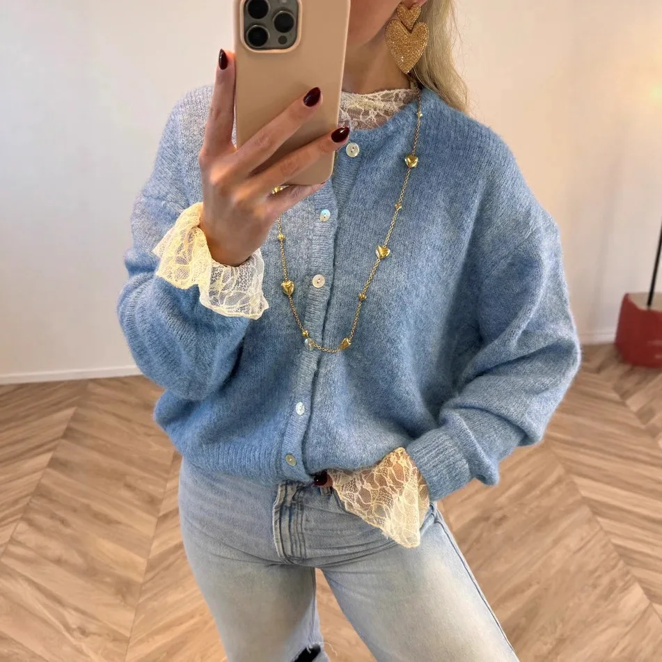 

Женский синий вязаный кардиган с кружевной отделкой и пуговицами спереди, винтажный свитер с длинными рукавами, осень/зима 2022, модные трикотажные наряды