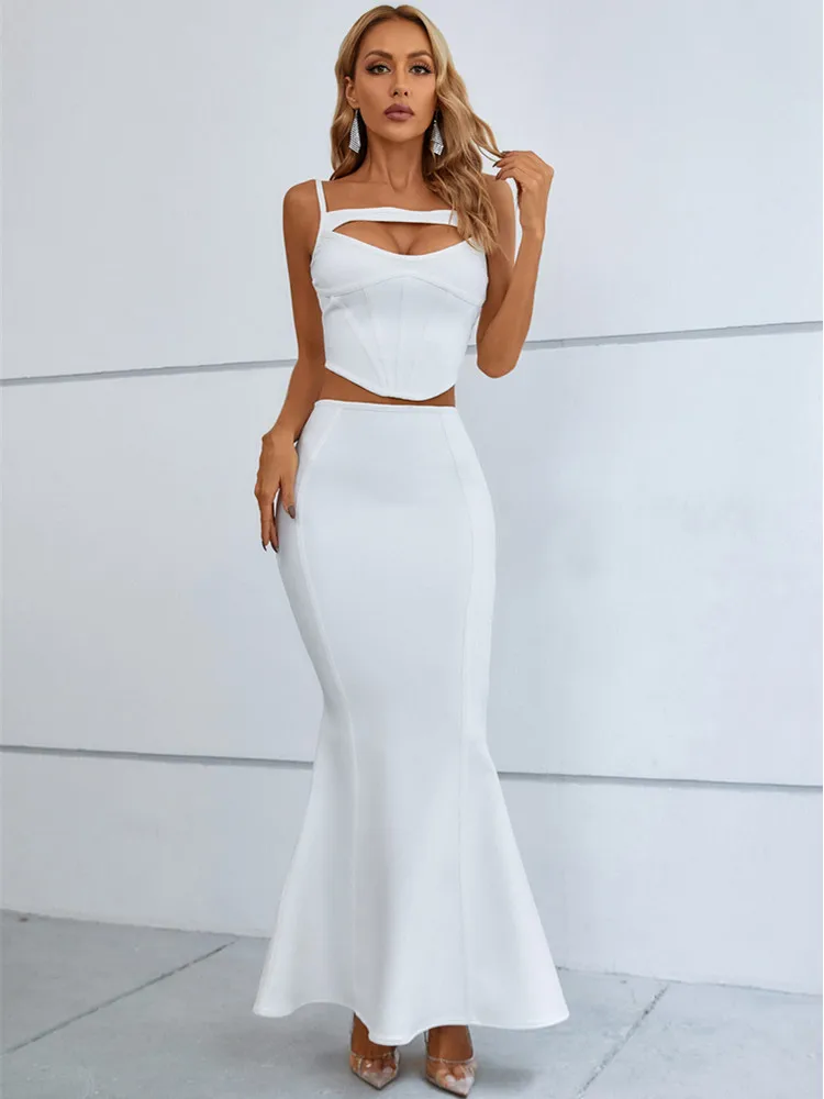 

Women Summer Sexy White Hot Pink Maxi Long Bodycon Fishtail Bandage Skirt Suits 2023 Elegant Evening Club Party Outfits