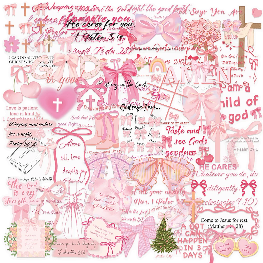 10/30/50 Stück Transparente Bibel-Christus-Sprüche Aufkleber Rosa Schleife Ästhetische Aufkleber DIY Gepäck Gitarre Notizbuch Niedliche Cartoon-Sticker