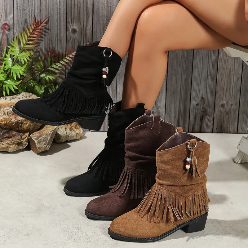 

Women's Mid Heels Western Knight Boots Mid-Calf Fringe V-Notch Chunky Heel Round Toe Boots Fashion Casual Leisure Women Boots