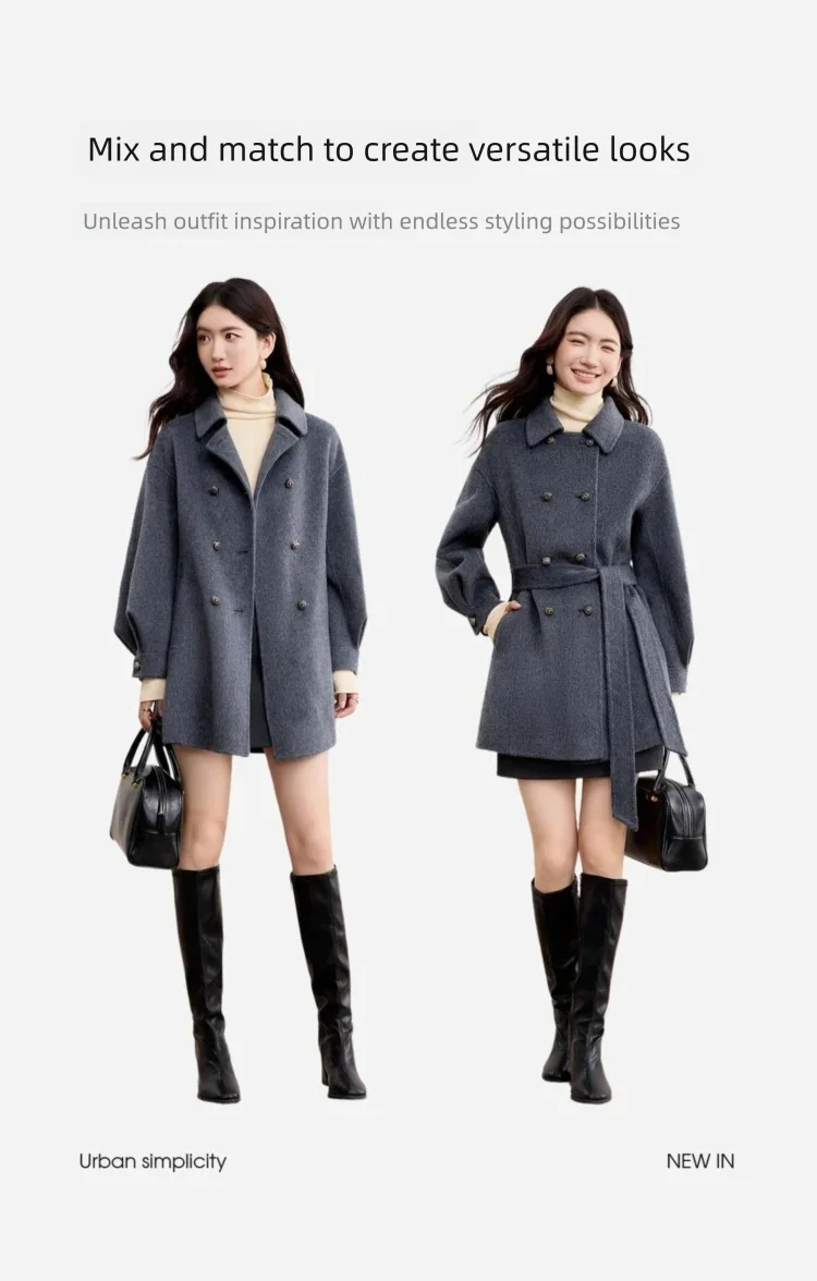 SENTUBILA Mittellanger Wollmantel für Damen 2026 Winter Einfarbige Jacken mit Abnehmbarem Gürtel Doppelseitige Wollmäntel Elegant W54OG3688X – Detail 19