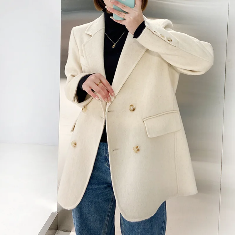 Women Double Sided Wool Blazer Solid Color Coat Fashion Turn-down Collar Double-breasted Spring Autumn2023 Versatile Casual Top