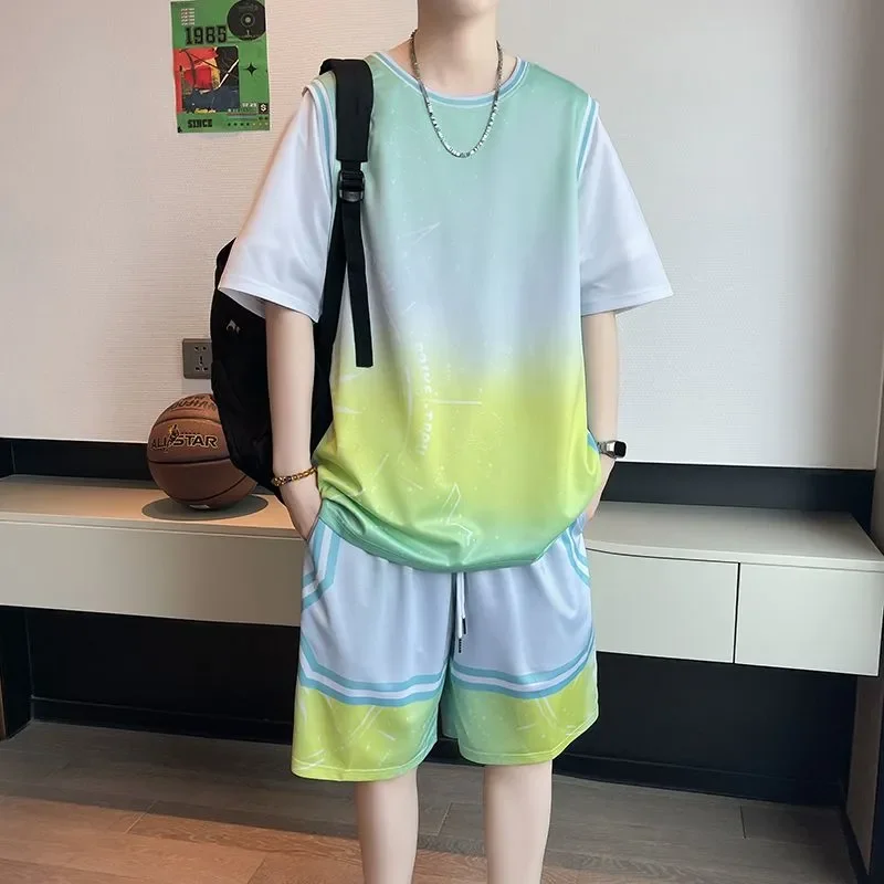 Teen Boys Gradient Ice Silk Basketball Two Piece Set Loose Quick Dry Sports Outfit Summer M 5XL