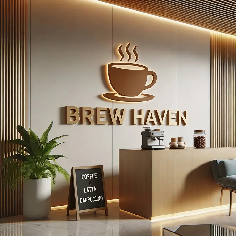 Custom 3D Metal LED Wall Logo Sign, Backlit Halo Front Lit Business Signage Perfect for Coffee Shop & Cafe Indoor Outdoor Decor