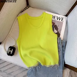 Summer Diamonds Tassels Knitted Vest Women Sleeveless O-neck Slim Crop Tops Knitwear Solid Streetwear Sexy Elegant Women's Vests