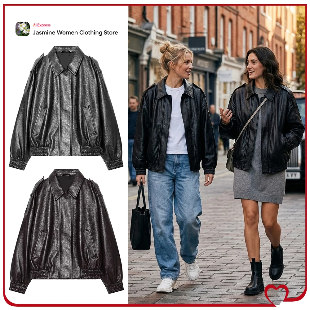 

High Street Faux Leather Bomber Jackets for Women New in Autumn & Winter Lapel Collar and Long Sleeves Jackets with Shoulder Tab