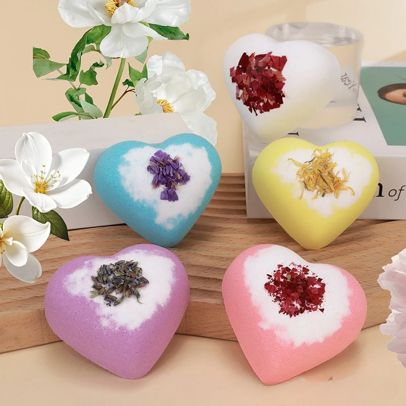 80g Heart Shape Bath Bomb Dried Flower Fizzy Salt Ball Essential Oil Aromatherapy Spa Bubble Bath Soak Hotel Luxury Bath Gift