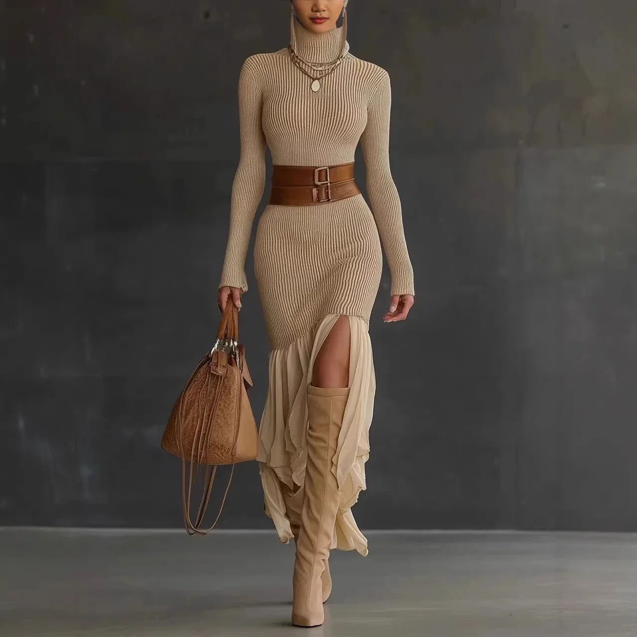 

Autumn Winter Long Sleeve Dress Women High Neck Knit Dress Bodycon Midi Dresses Spring Summer Turtleneck Pullover