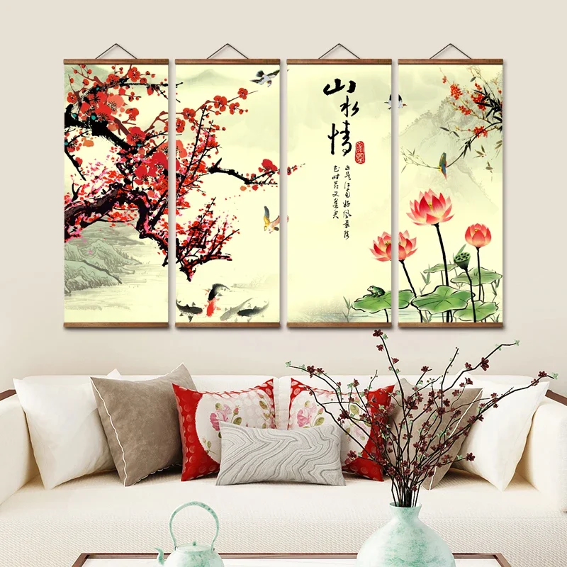 MT0926 Chinese Style plum bossom lotus, Canvas Living Room Wall Art Posters Chinese Solid Wood Scroll Paintings