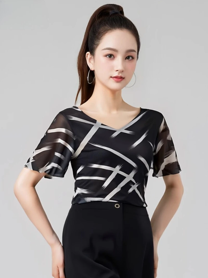 

New Latin Dancewear Women Tops Fashion V-neck Mesh Short Sleeve Top Modern Dance Square Dance Party Dress Samba Line Dance Shirt