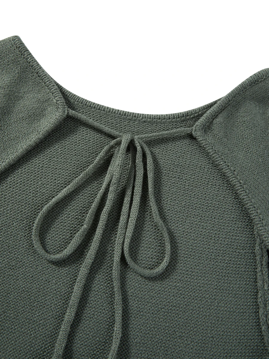 Women\'s Autumn Winter Knitted Bodycon Dress Long Sleeve Tie Backless Round Neck Solid Color Ruffle Trim Long Dress Beachwear
